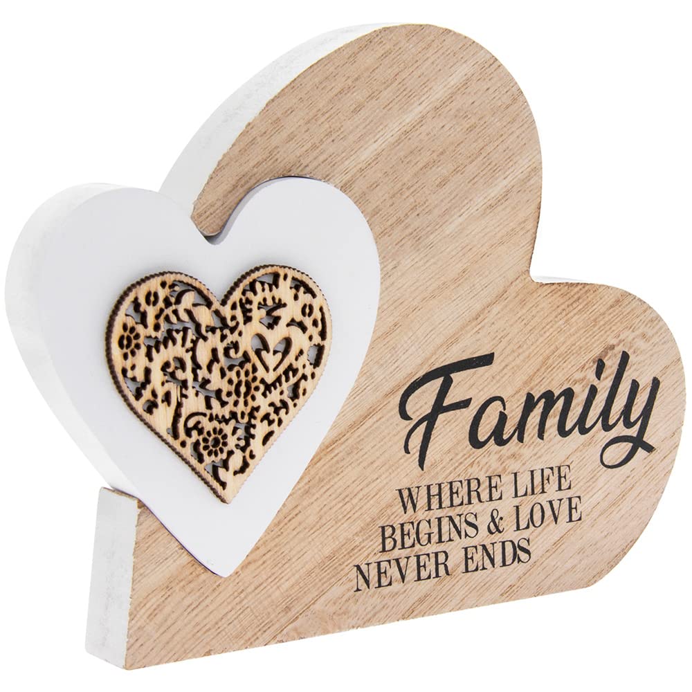 Plaque | Double Heart Family | 1 Piece - 15x2x12 cm, White, Beige