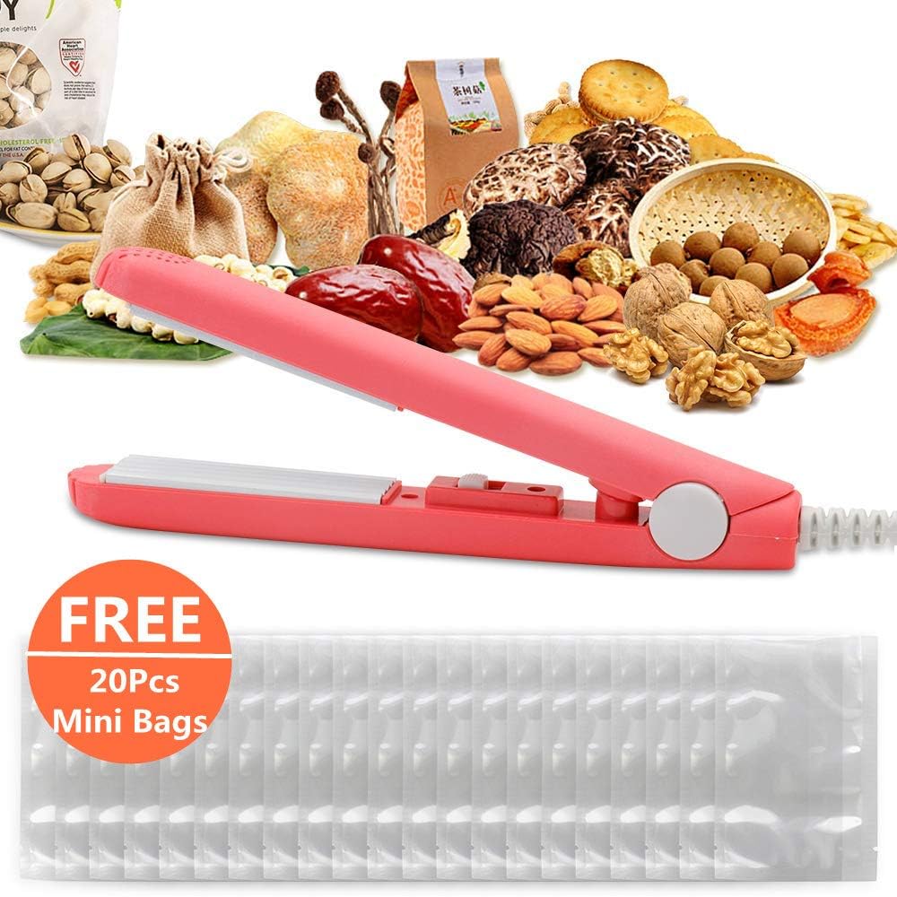 Mini Food Bag Heat Sealer with 20 Pieces Small Bags Handheld Smart Control Corrugated Suspension Heating Sheet for Airtight Food Storage (Pink)