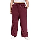 Lastshe Women's Plus Size Pants Elastic Waist Casual Wide Leg Knit Pajama Drawstring Pull On Lounge Straight Trousers