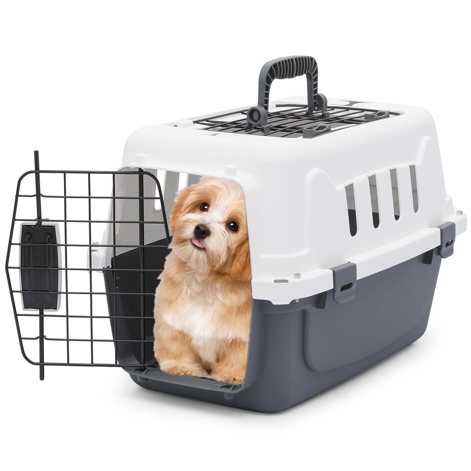 monibloom 18-inch 2-door top loading cat carrier, plastic dog crate hard-sided dog travel carrier for small dogs and cats, ventilation and security lock design for pets up to 10 lbs (grey)