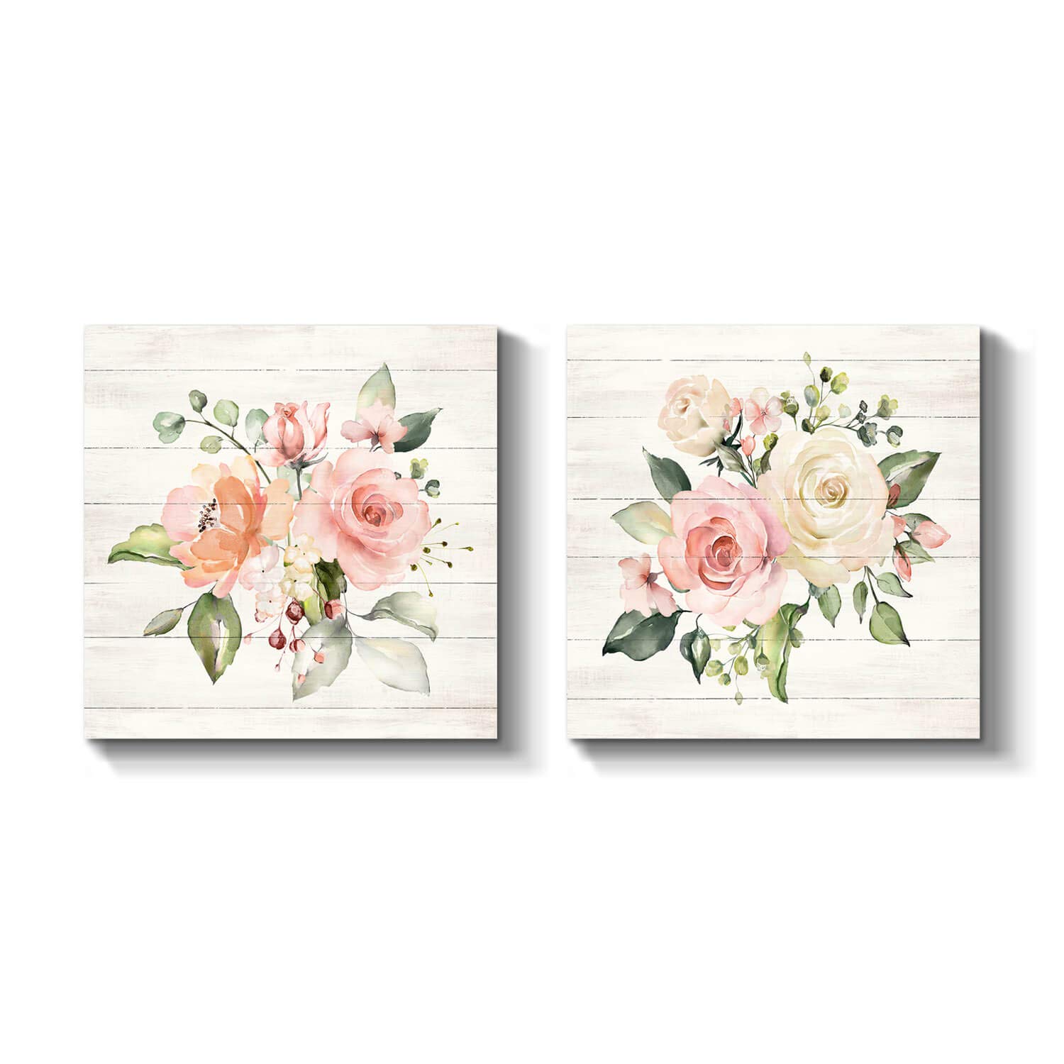 Flowers Picture Wall Art Print: Floral Painting Blossom Artwork on Wrapped Canvas for Bedroom (12" x 12" x 2 PCS, Multiple Sizes/Material)