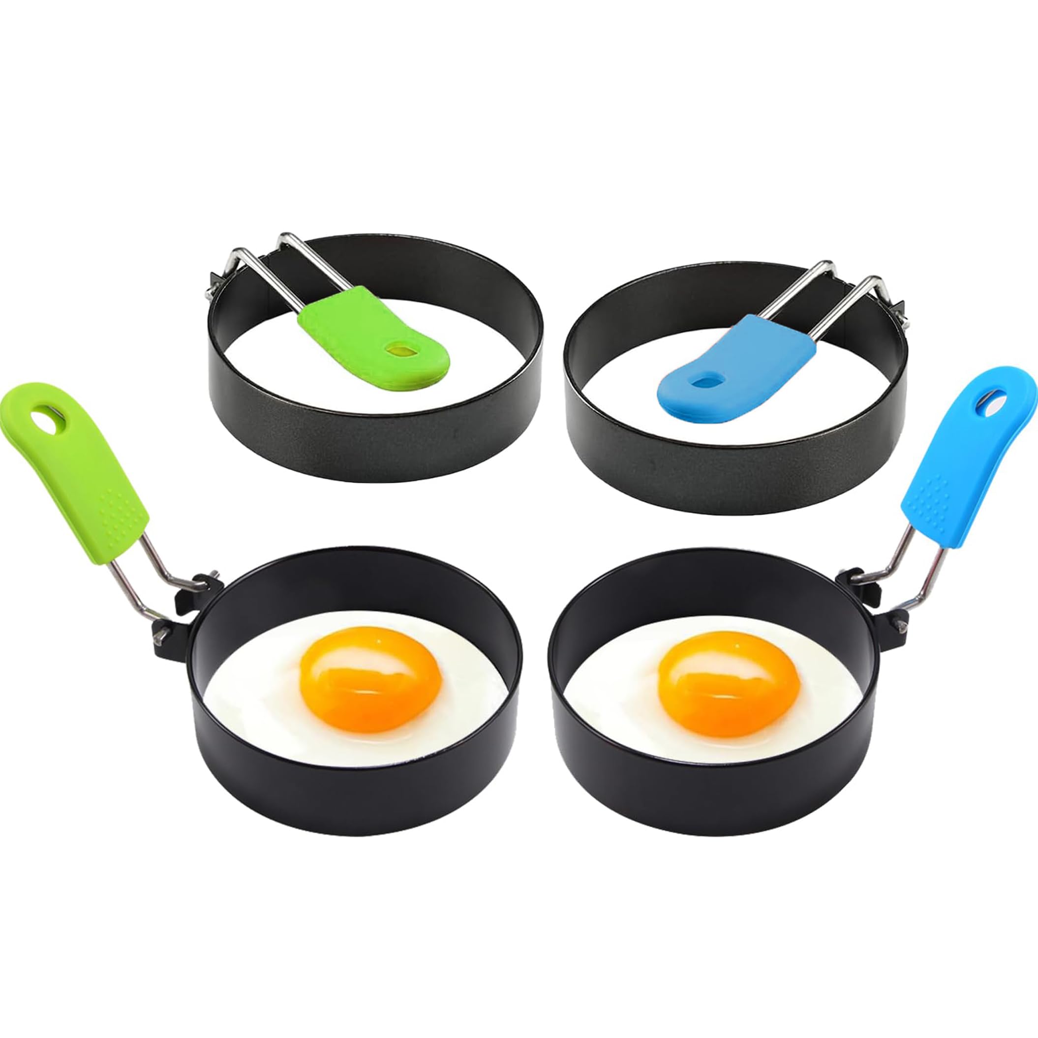 4 Pcs Egg Rings with Anti-Scald Folding Handle, Stainless Steel Frying Egg Ring Mold with Non Stick Coating, Suitable for Cooking, Shaping, Fried Eggs, Pancake, Mini Burger Patty (2Blue+2Green)