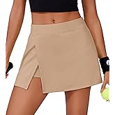 PINSPARK Tennis Skirts for Woman Solid Breathable Athletic Golf Skort with Pockets Side Slit High Waisted Running Skirt Khaki Small