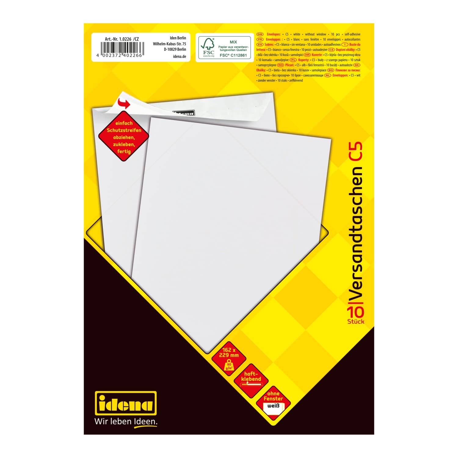 Idena 10226 Envelopes DIN C5, 90 g/m², Peel and Seal, Without Windows, FSC Mix, Pack of 10, White