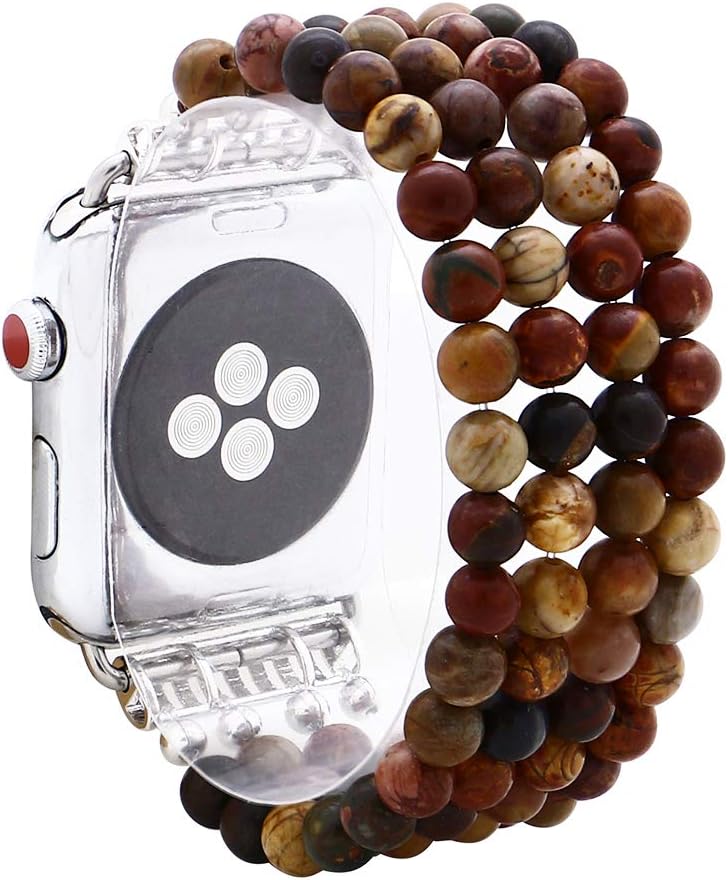 KAI Top Compatible with Apple Watch Band 42mm 44mm 45mm 49mm, Natural Stone Picasso Jasper Beaded Band for Women Girls, Elastic Stretch Replacement Band for iWatch Ultra SE Series 8 7 6 5 4 3 2 1