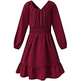 Little Bitty Girls Long Sleeve Chiffon Smocked Waist Tie Bow Back Dress,A-Line Square Neck Midi Dress with Pockets 4-13 Years