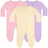 GUISBY Long Sleeve Baby Footed Pajamas with Mittens Cotton Sleepers with Zipper 3-Pack