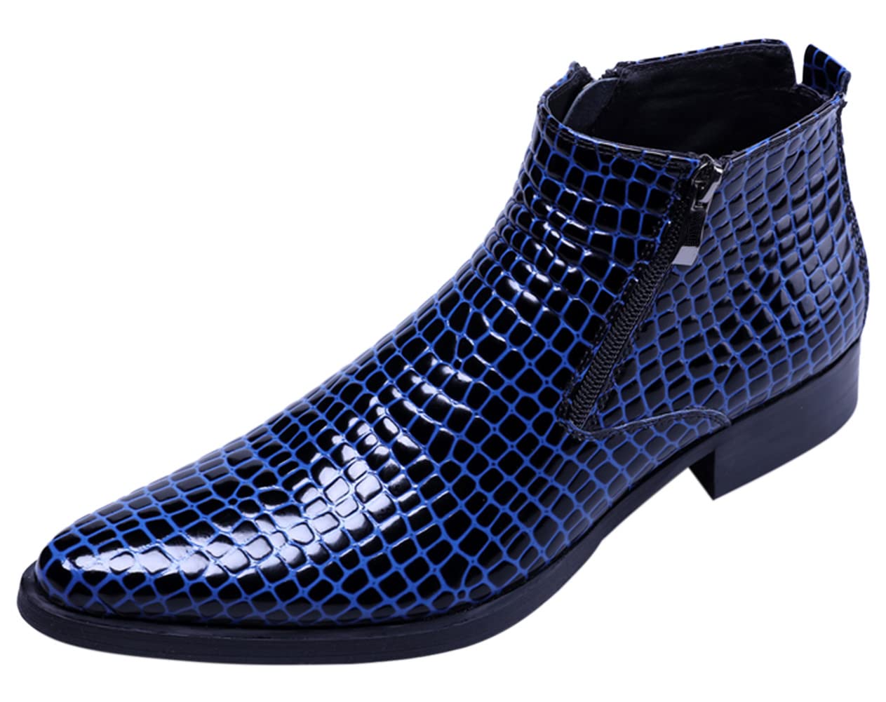 Photo 1 of Santimon Men's Ankle Patent Leather Fashion Plaid Zipper Pointed Toe Casual Boots Blue 11.5 US
