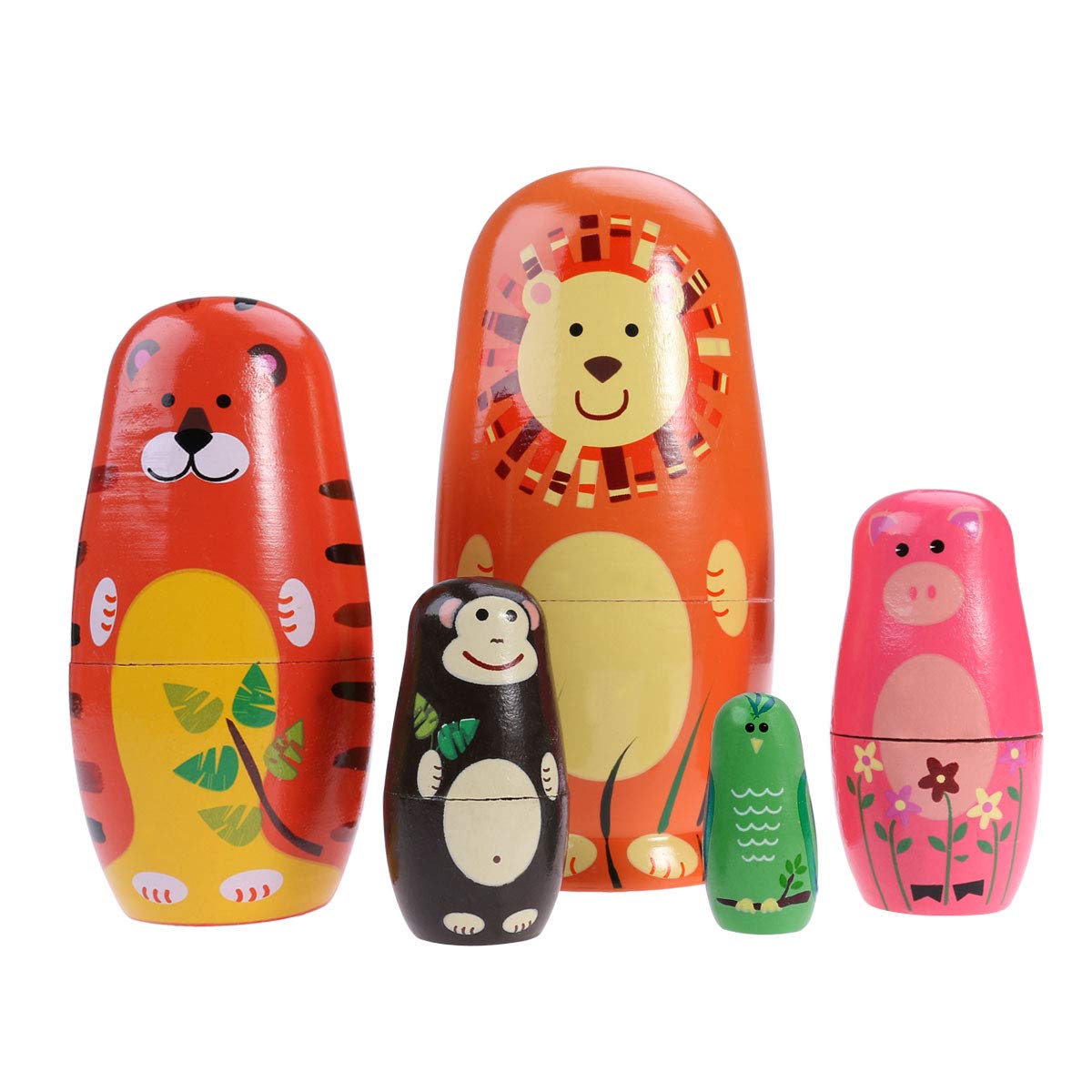 JOINPAYA 5PCS Animals Pattern Nesting Dolls: 5 Cute Animal Characters Wooden Matryoshka Doll for Christmas Home Deocr