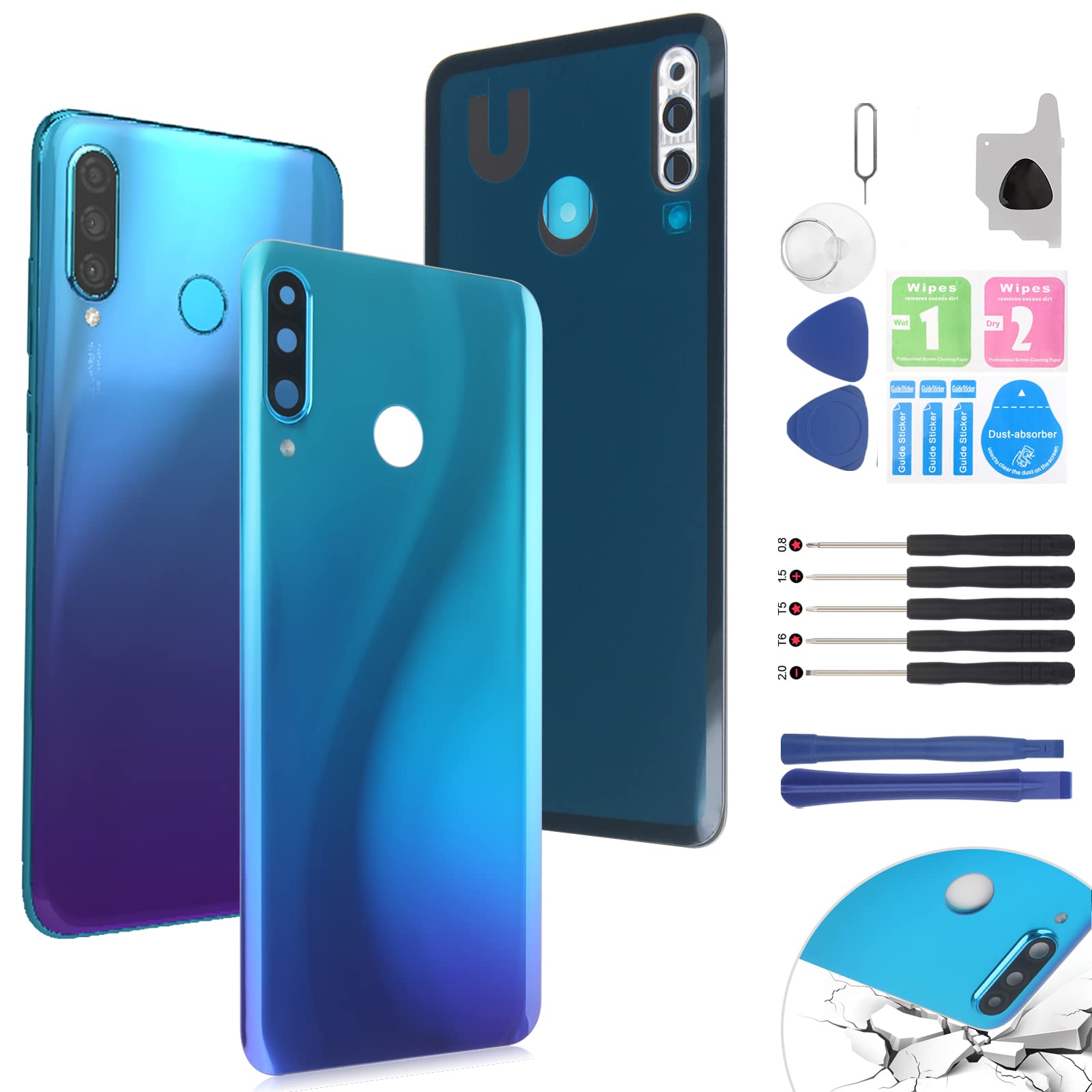 RongZy Replacement for P30 Lite/Nova 4E Battery Back Glass Cover Compatible for P30 Lite/Nova 4E Battery Door Back Cover Housing (Blue)