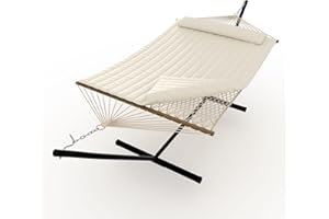 HARMONYHEALTH ​​2 Person Hammock with Heavy Duty 500Lb Capacity Stand - Portable Cotton Rope Hammock & Quilted Comfort Pad - Relax Together Indoor or Outdoor (Beige)​