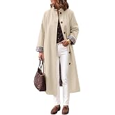 Tankaneo Womens Trench Coat Ruffle Collar Plaid Lining Long Jacket | Oversized, Lightweight,Trendy, Casual, Coffee, Brunch, Street, Travel, Fall, Foldable cuffs, Pleated stand collar, Spring