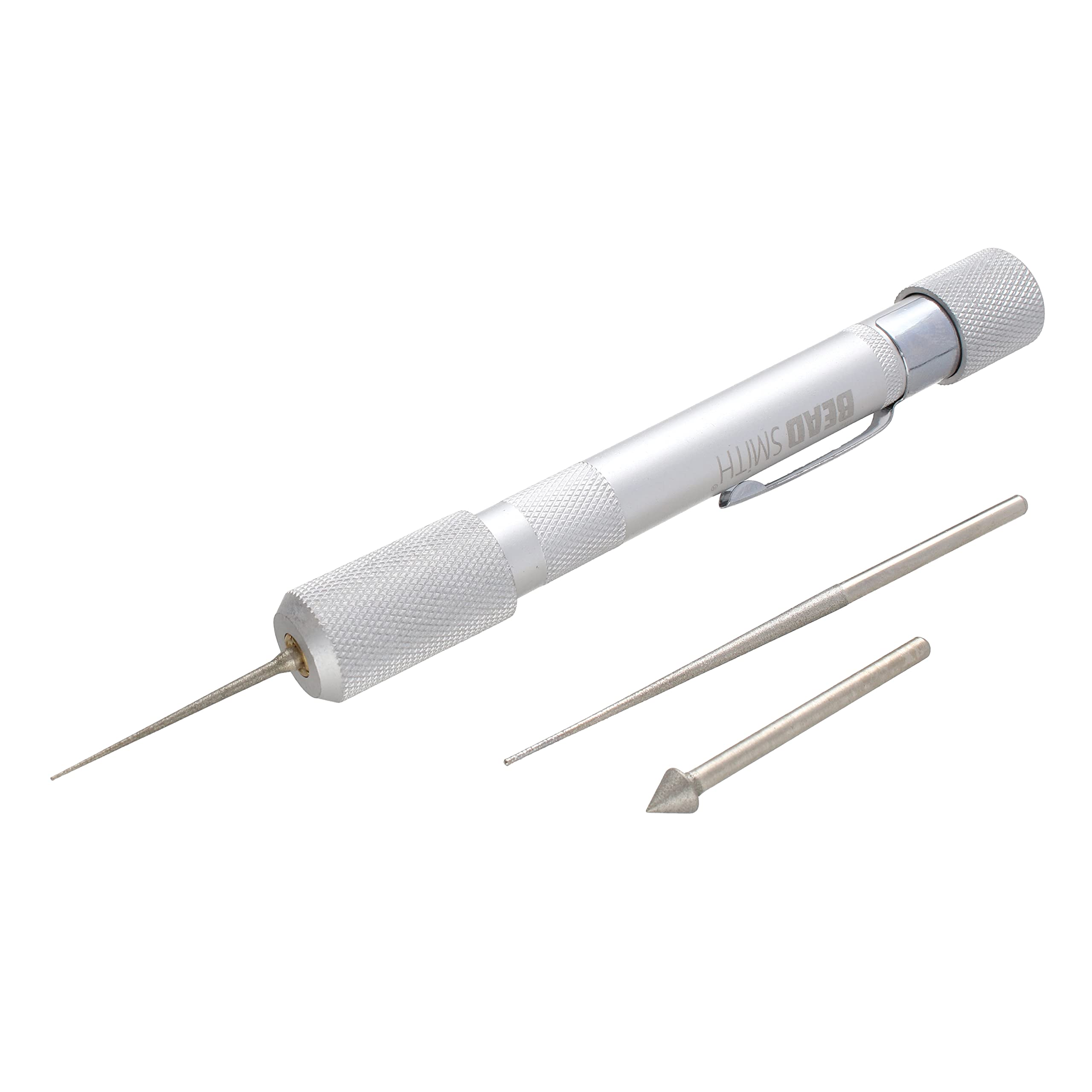 The Beadsmith Bead Reamer Set – 3 Interchangeable Diamond Coated Tips – Anodized Aluminum Hollow Handle for Storage – Tools for Opening & Enlarging Holes & Softening & Smoothing Rough Edges