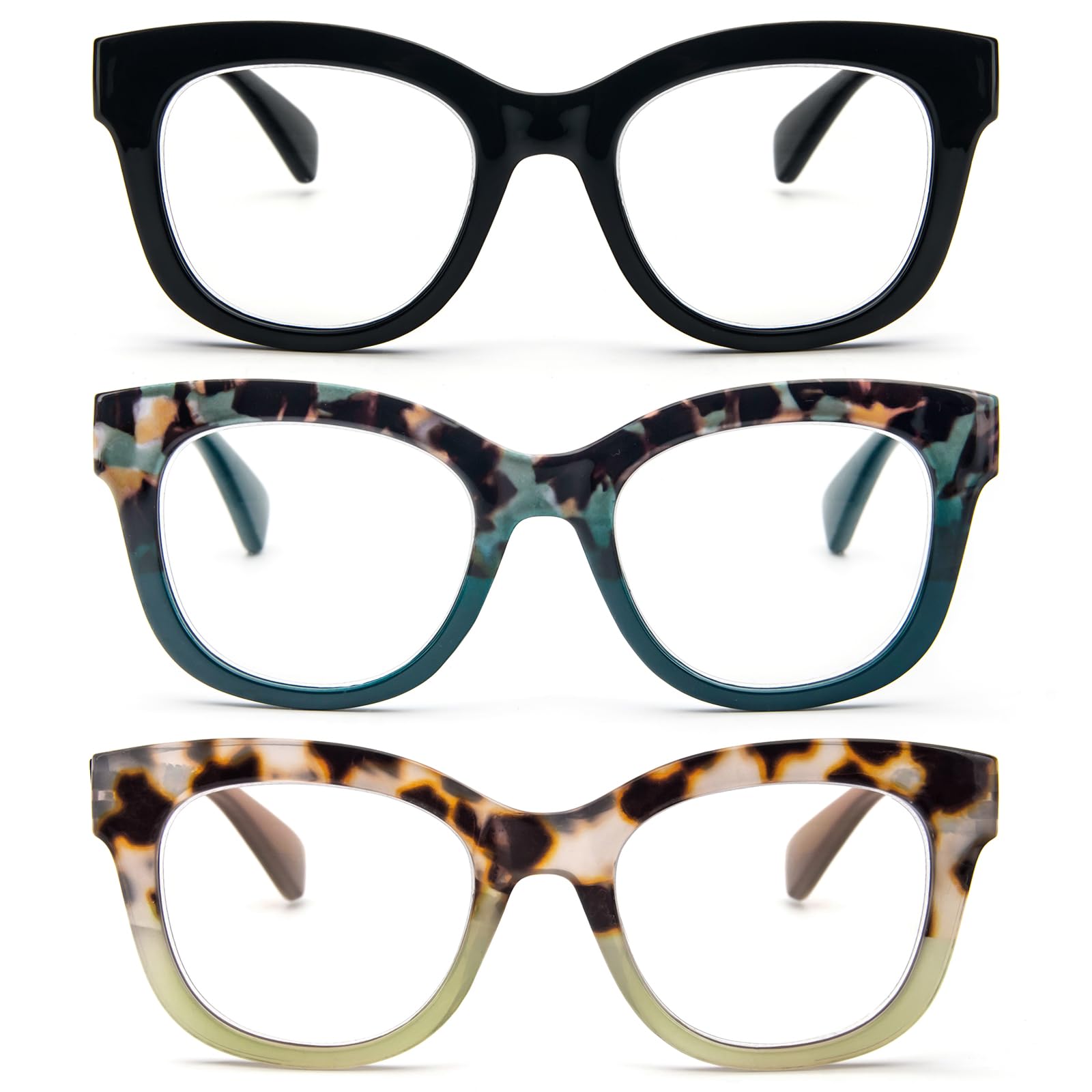 MMOWW Oversized Reading Glasses 3 Pack for Women Blue Light Blocking with Spring Hinge Computer Readers Ladies (3 Mix Color, +3.0) — image 1