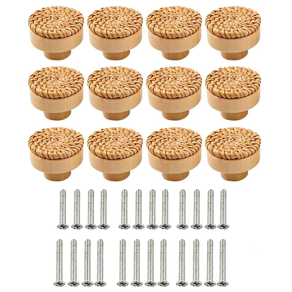 RUNEAY Rattan Furniture Knobs, 40 mm Rattan Cabinet Knobs with 25 mm + 30 mm Screws, Furniture Knobs, Wood, Boho Decorative Chest of Drawers, Natural Furniture Knobs for Cabinet, Drawers, Living Room,