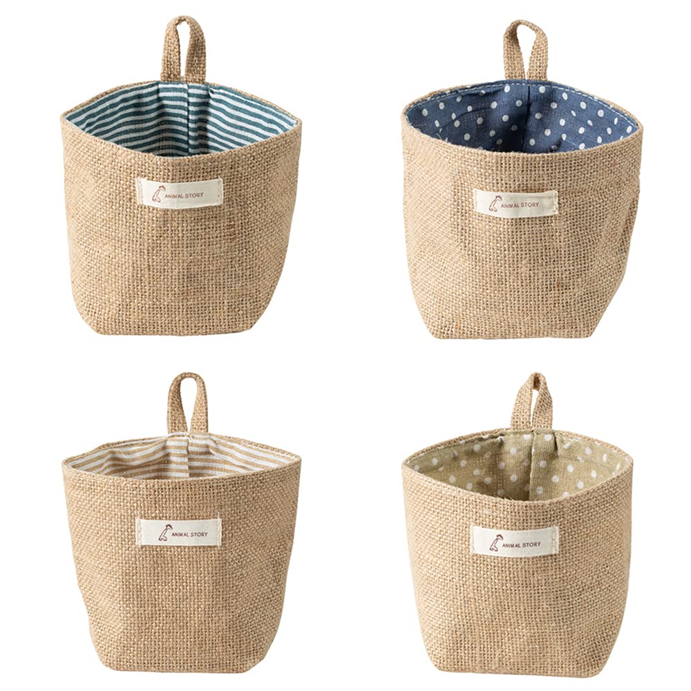 4 Pieces Foldable Storage Basket Bag, Cotton Linen Storage Basket Bag, Hanging Storage Bag, 4 Colors, Used to Install Cosmetics, Keys, Toys, Small Items