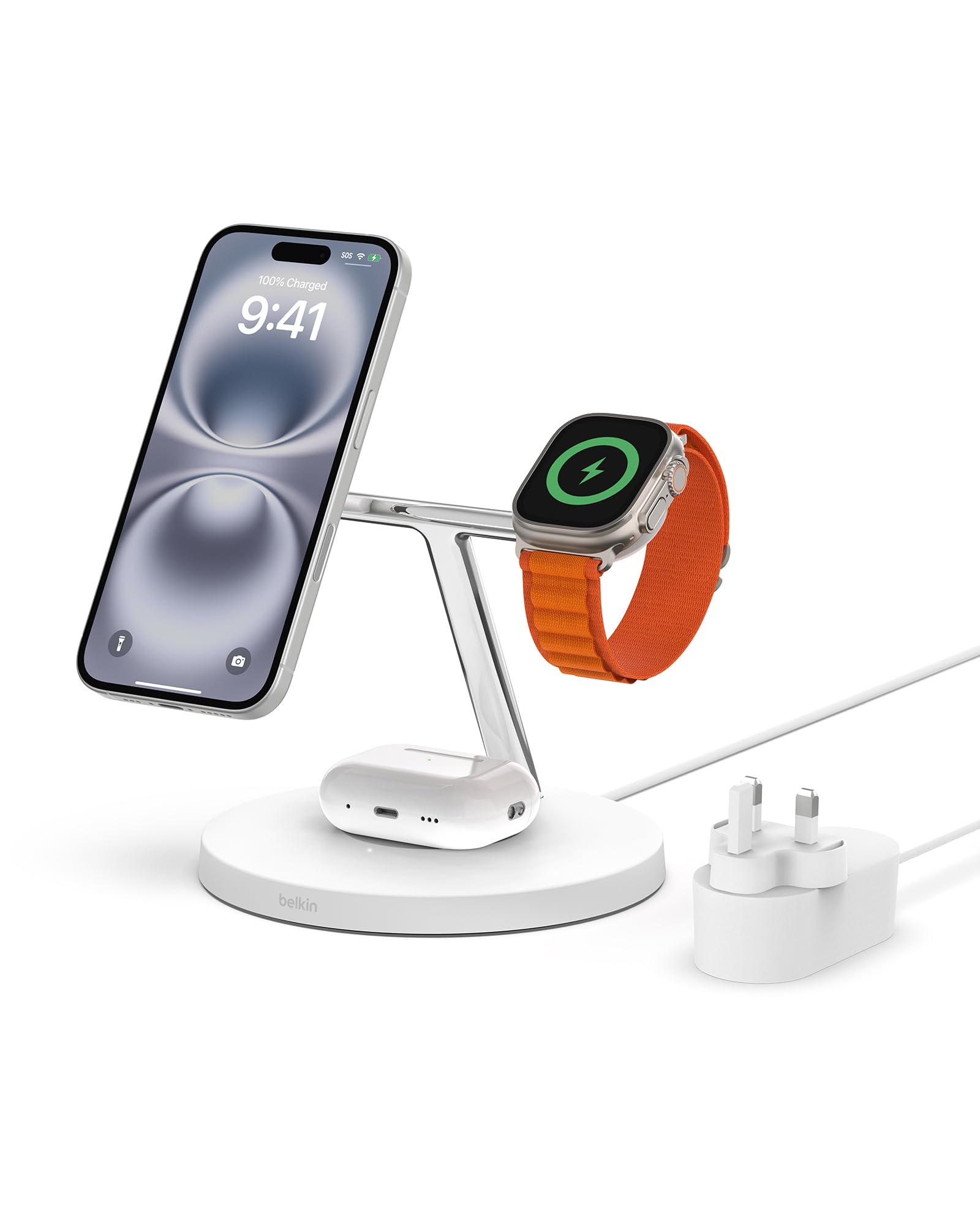Belkin MagSafe 3 in 1 Wireless Charging Station, 15W iPhone and Apple Watch Fast Wireless Charger, AirPods Charging Station for iPhone 16, 15, 14, 13, 12 Series, Apple Watch 10/9/8, SE, Ultra - White