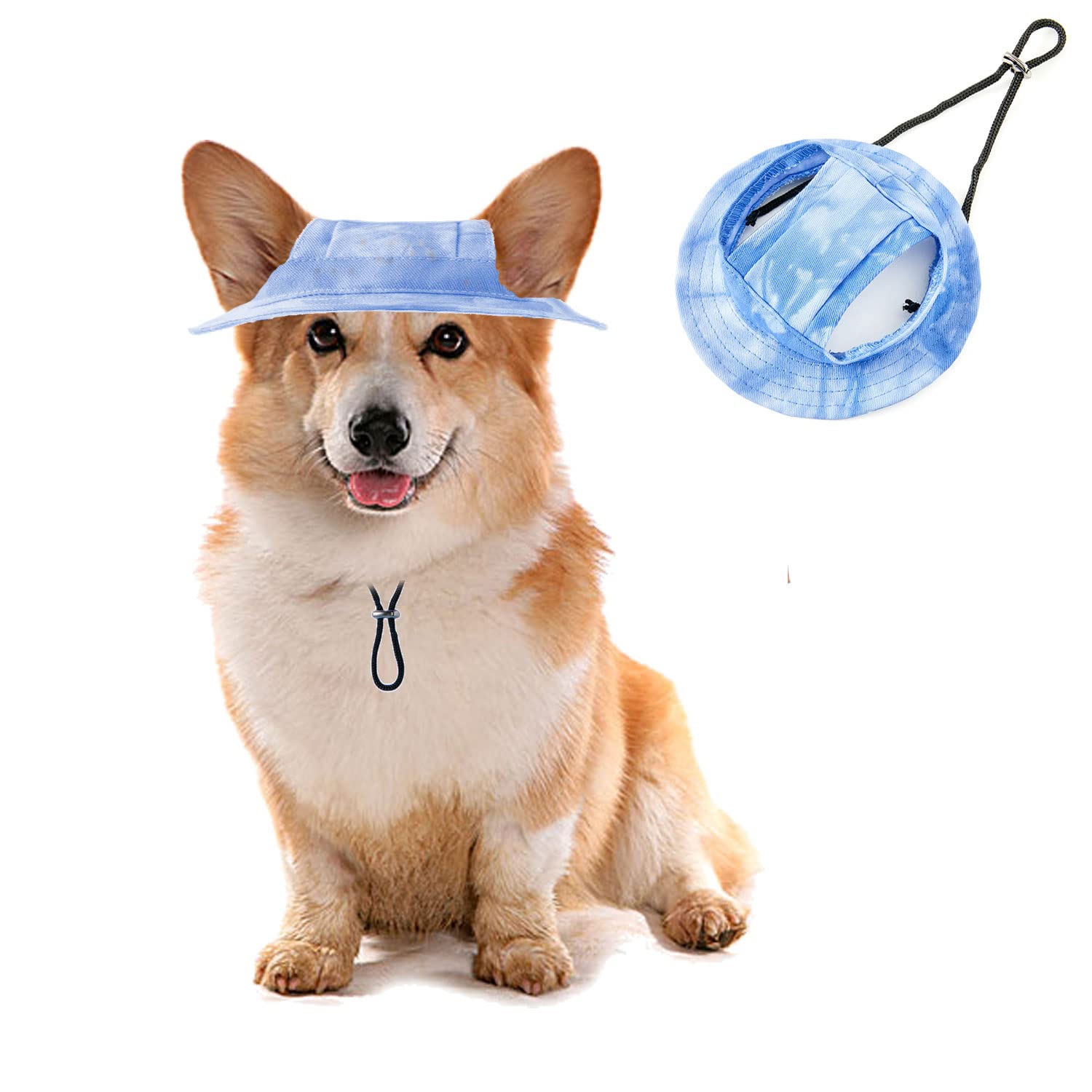 Pet Bucket Hats, Dog Round Cap With Ear Hole,Adjustable Outdoor Travel Sun Protection Sport Hat For Cat Small Medium Dogs_M(Dark Blue)