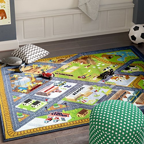 KC CUBS Playtime Collection Country Farm Road Map with Construction Site Educational Learning Area Rug Carpet for Kids and Children Bedroom and Playroom (3' 3" x 4' 7") - Thumbnail 7