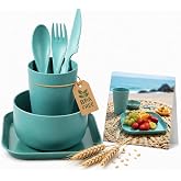 NOLITOY 6Pcs Wheat Straw Dinnerware Set Blue Plates Bowls Tableware | Reusable Lightweight Camping Dish Set for Picnic Outdoor Travel and Home Dining