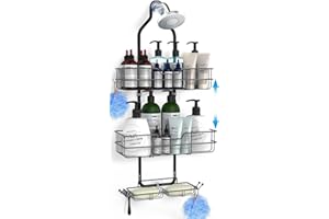 Turfson Hanging Over the Shower Head Caddy,Height Adjustable Rustproof Bathroom Organizer Shelf with Soap & Shampoo Holder, Black