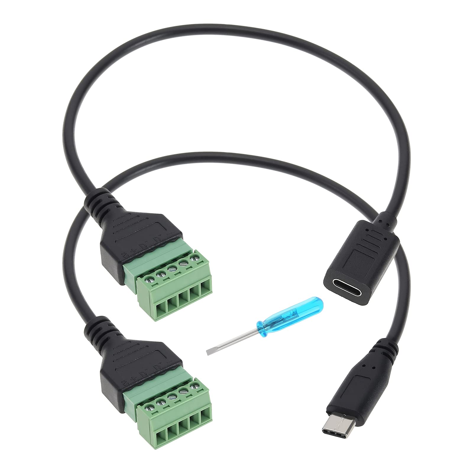 VGOL 2PCS USB C Terminal Block Connector Solderless Pluggable Type-C Male/Female to 5 Pin Screw Terminal Block Charging and Data Transfer Adapter Extension Cord