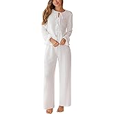 CUPSHE Women's Two Piece Outfits Set Long Sleeve Tie Front Top and Wide Leg Pants Casual Loungewear Pajama Sets