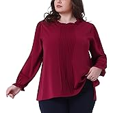 Agnes Orinda Women's Plus Size Long Sleeve Blouse Ruffle Crew Neck Front Pleated Top Elastic Cuff Casual Shirt