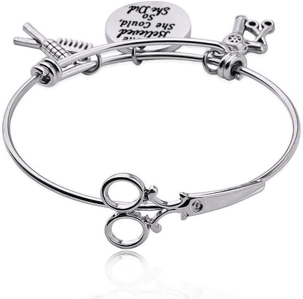 POTIY Hair Stylist Gift She Believed She Could So She Did Expandable Hairdresser Bracelet Keychain Minimalist Shears Scissor Bangle Present with Comb Hair Drier Charm