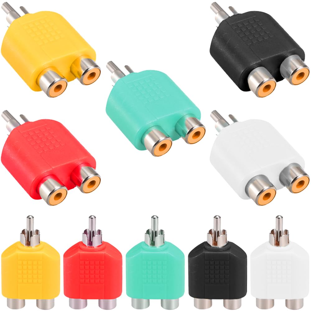 Xiatiaosann RCA Y Splitter Plug Adapter 1 Male to 2 Female, Colorful RCA Audio Converter for Audio, Video, AV, TV (10 Pack, 5 Color)