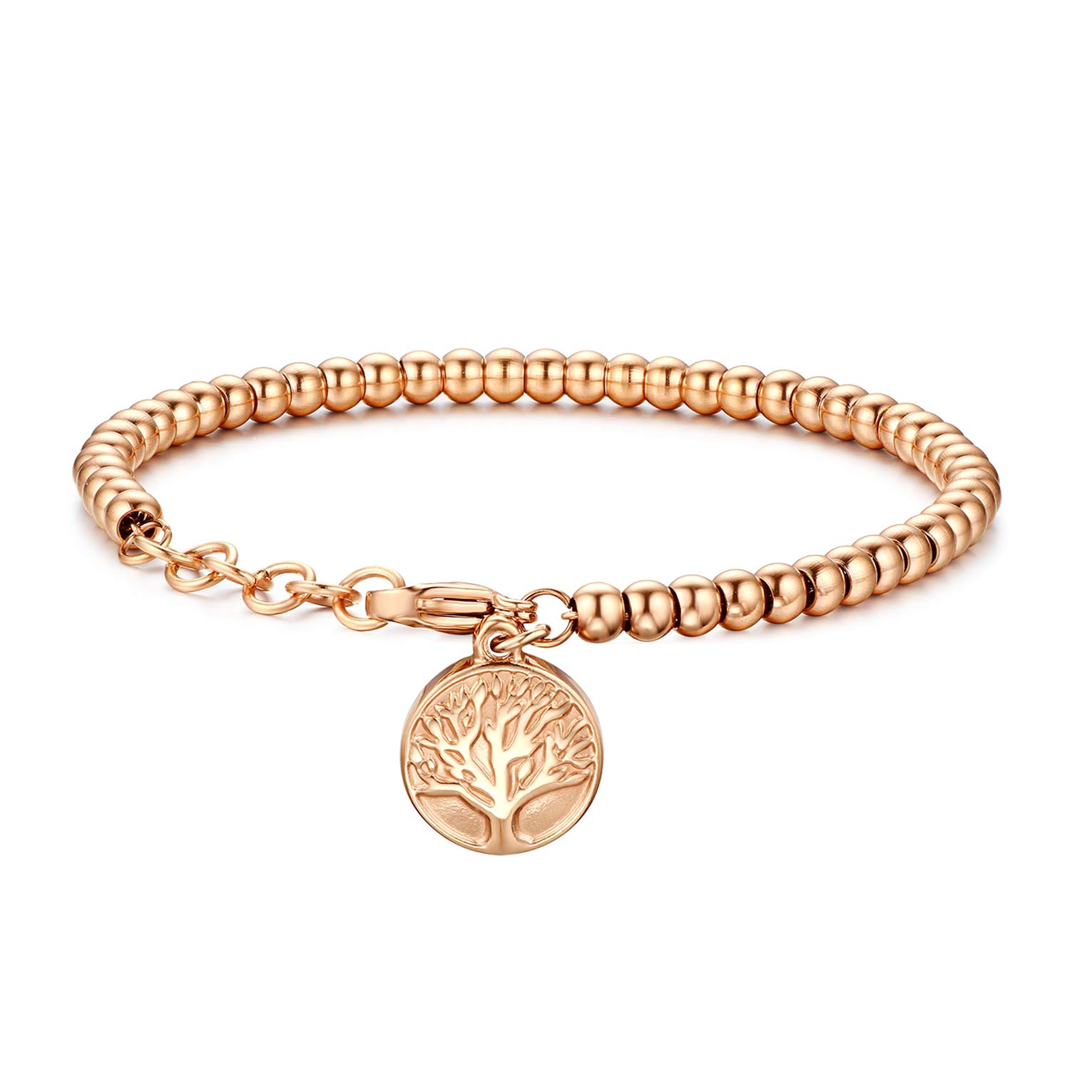 JewelryWe Tree Of Life Charm Stainless Steel Beads Link Chain Bracelet For Girls Lady Women(Rosegold)