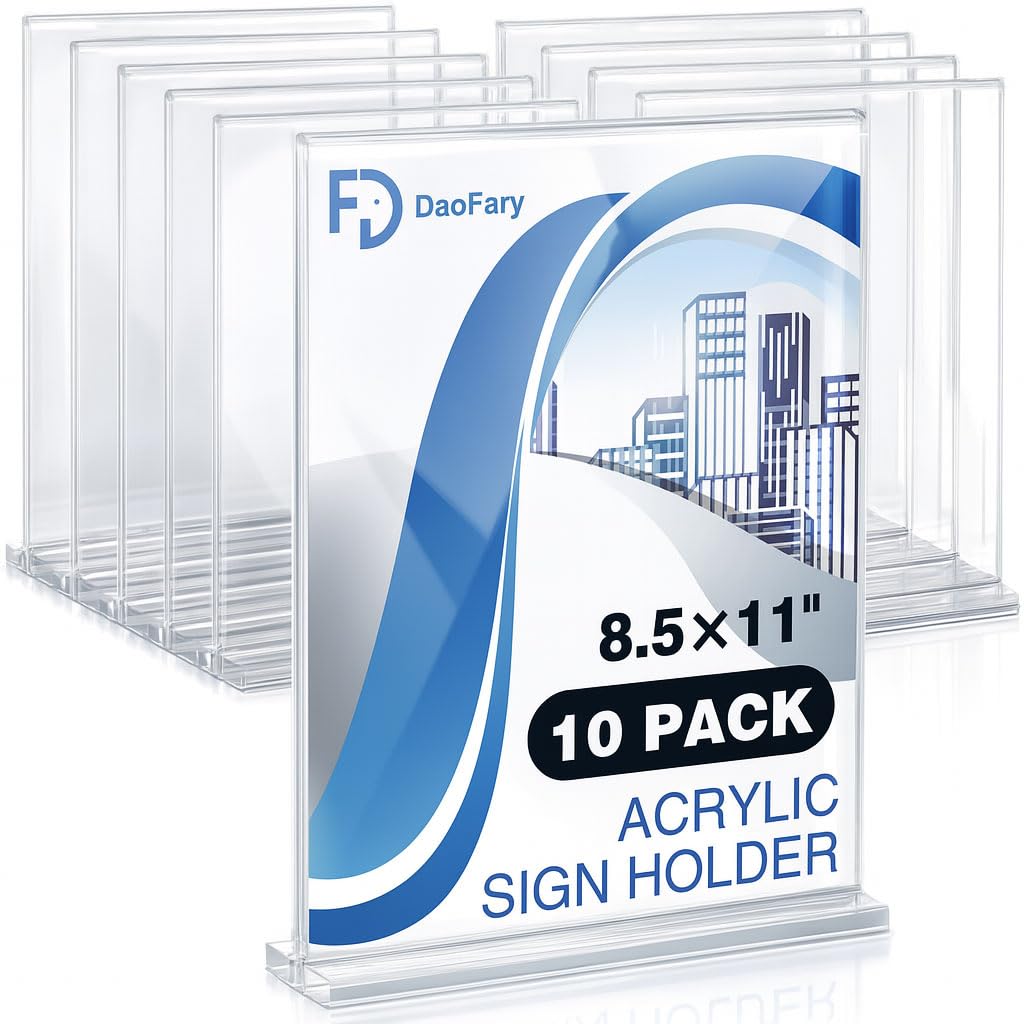 Photo 1 of Daofary Acrylic Sign Holder 8.5 x 11 Inches 10 Pack, Double-Sided Stand up Table Top Paper Holder, Store Sign Holders, Plastic Sign Display for Restaurants, Hotels, Office