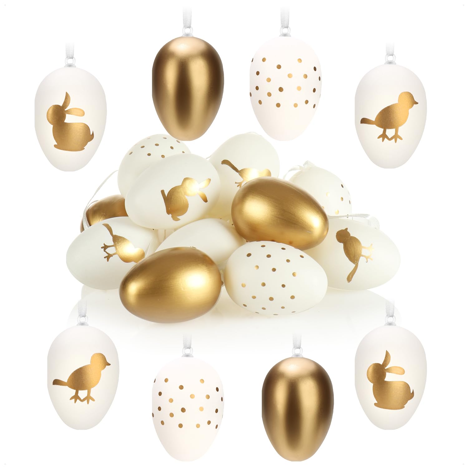 COM-FOUR® 16x Easter eggs to hang up - beautiful hanging decoration made of plastic - Easter decoration for the Easter bouquet - plastic eggs (16 pieces - gold/white)