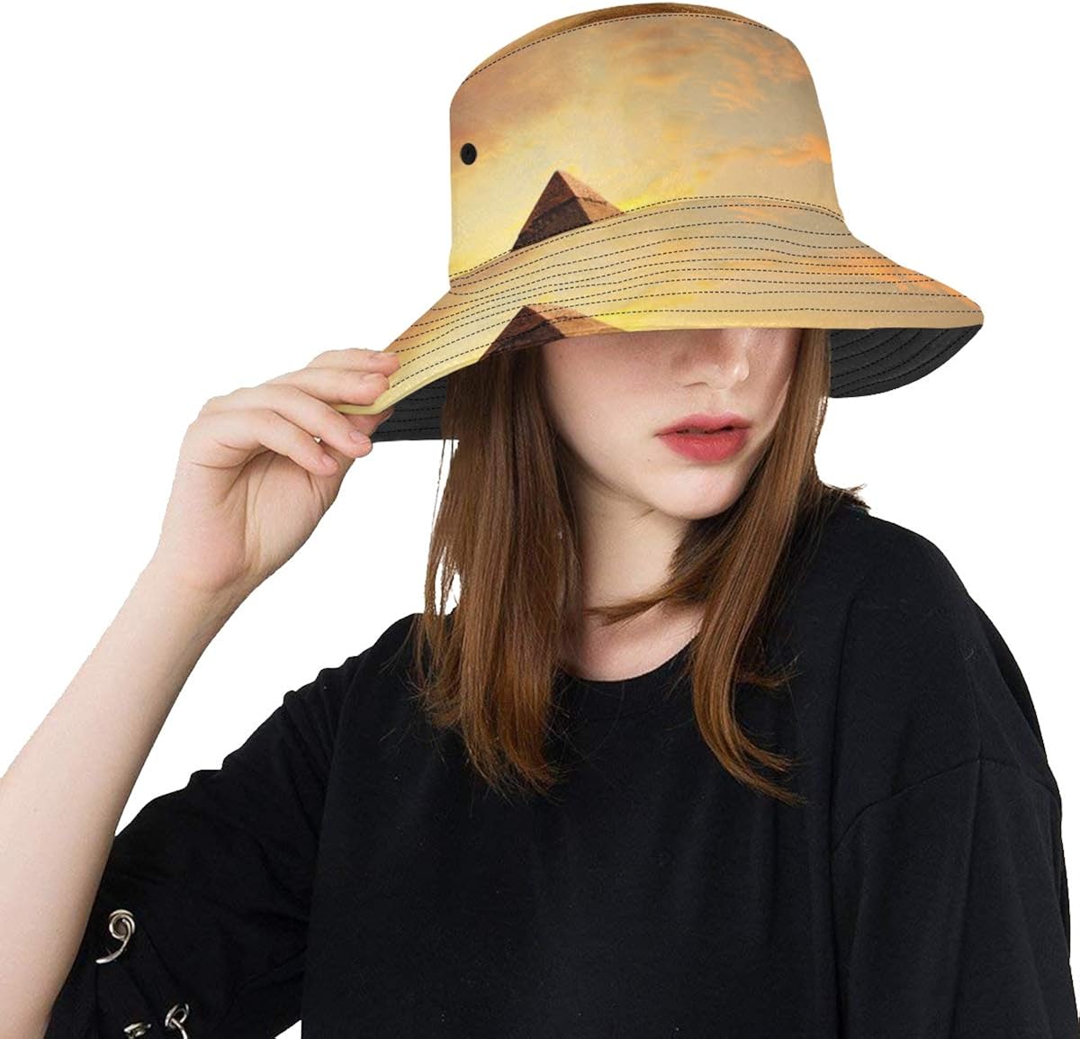 Beach Hat Summer Spring Bucket Hat Sunset Egyptian Pyramid Landscape Adjustable Outdoor Hats