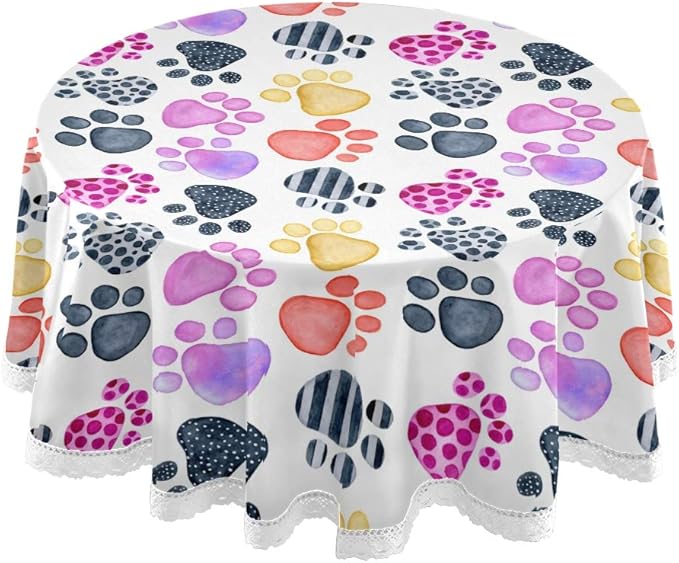 Round Tablecloth Cat Dog Paw Print Colorful Cute Pattern