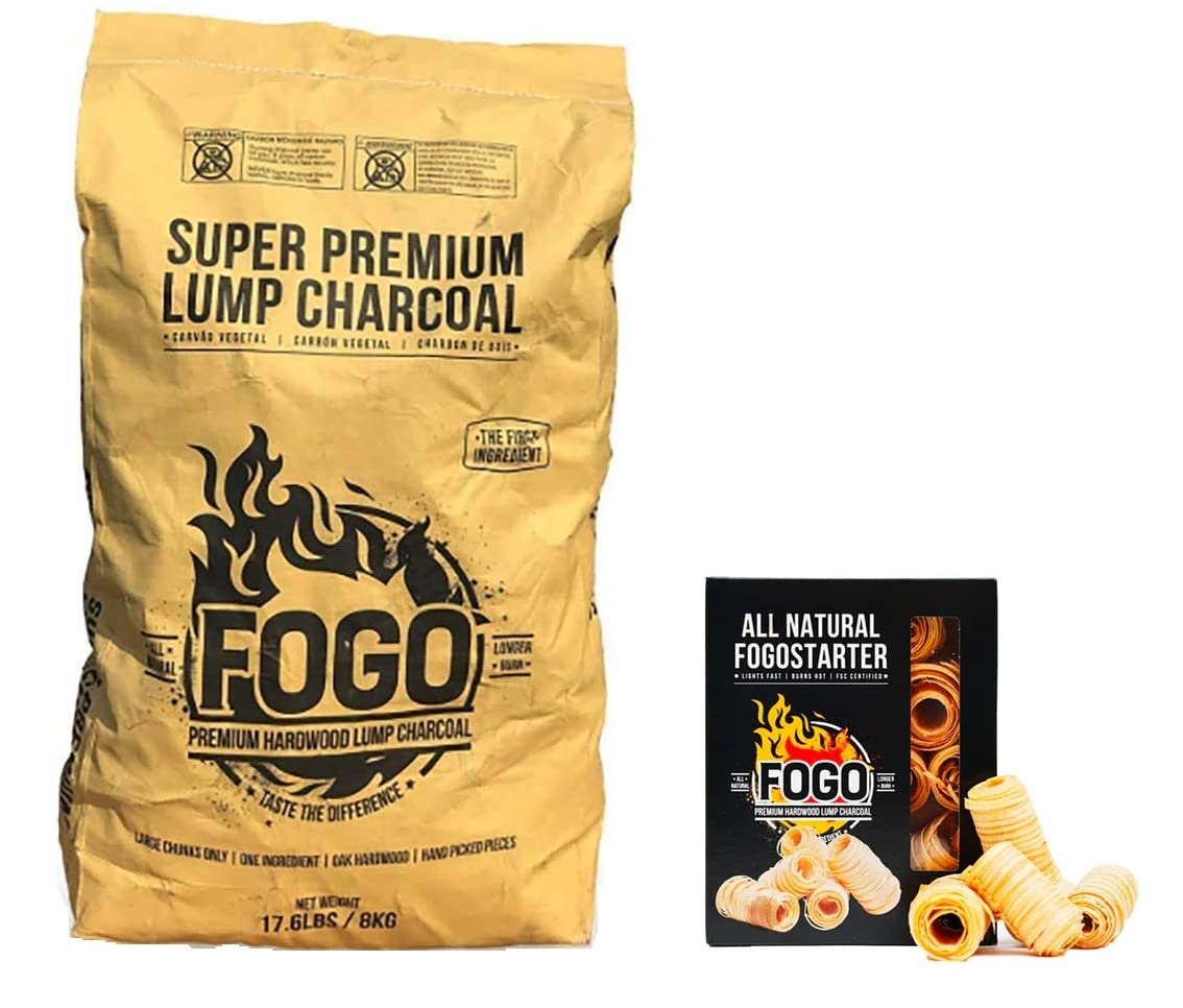 FOGO Super Premium Hardwood Lump Charcoal, Natural Large Sized Lump Charcoal, 17.6 Pound Bag and FOGO Fogostarters Natural Fire Starters, 30 Count Box, Bundle Image