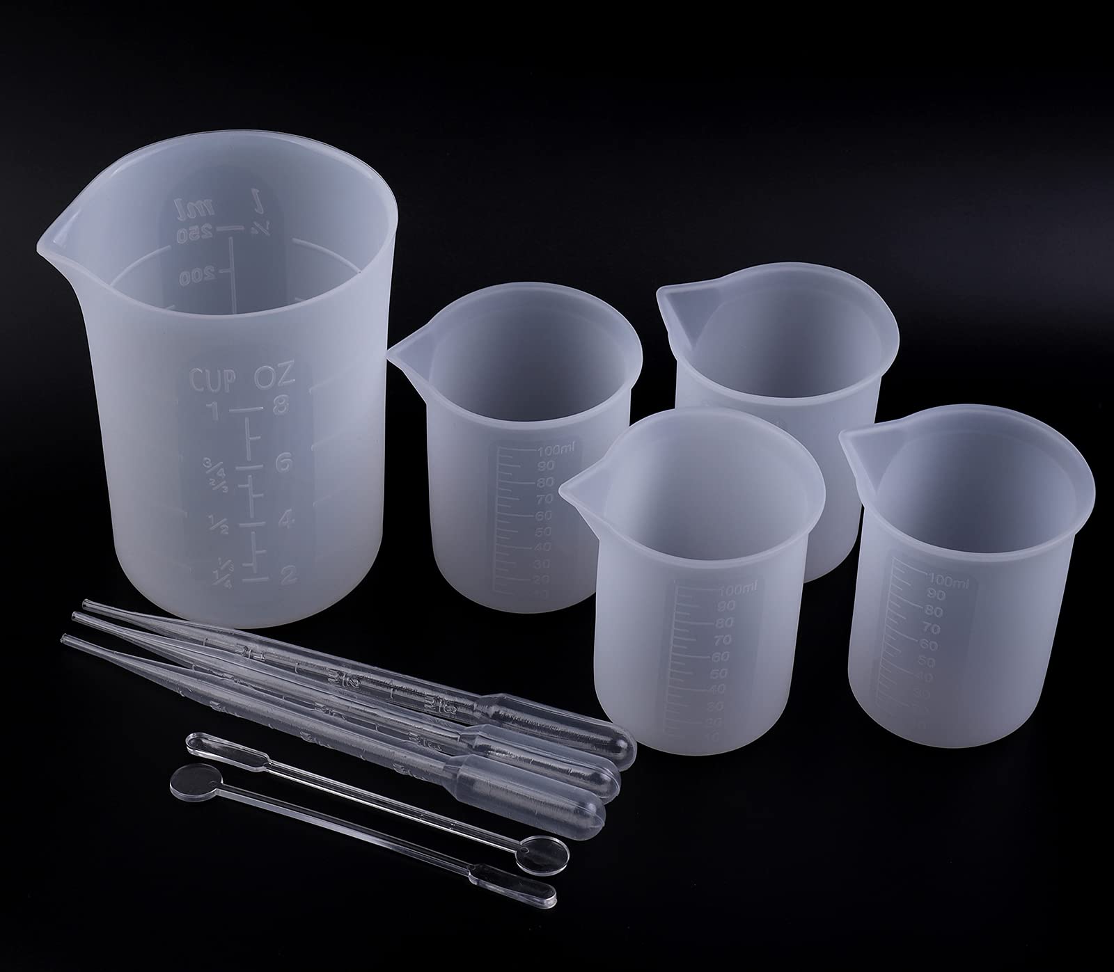 EPODA Silicone Measuring Cups Set, 250ml &100ml Mixing Cups with Mixing Stick, Pipettes, Resin Accessories for Epoxy Resin Moulds