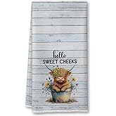 Farmhouse Bathroom Towels Funny Highland Cow Decorative Hand Towels for Bathroom 16x24, Funny Highland Cow Bathroom Hand Towels, Hello Sweet Cheek Highland Cow Towel, Funny Towel Gifts for Cow Lover