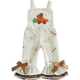 FIOMVA Toddler Baby Girl Easter Outfit Ruffle Romper Jumpsuit Bunny Embroidery Sleeveless Plaid Bell Bottom Overall