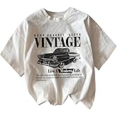 QJQ Women's Letter Graphic Tshirts Cherry Car Short Sleeve Crewneck Tees Casual Summer Trendy Vintage Drop Shoulder Tops