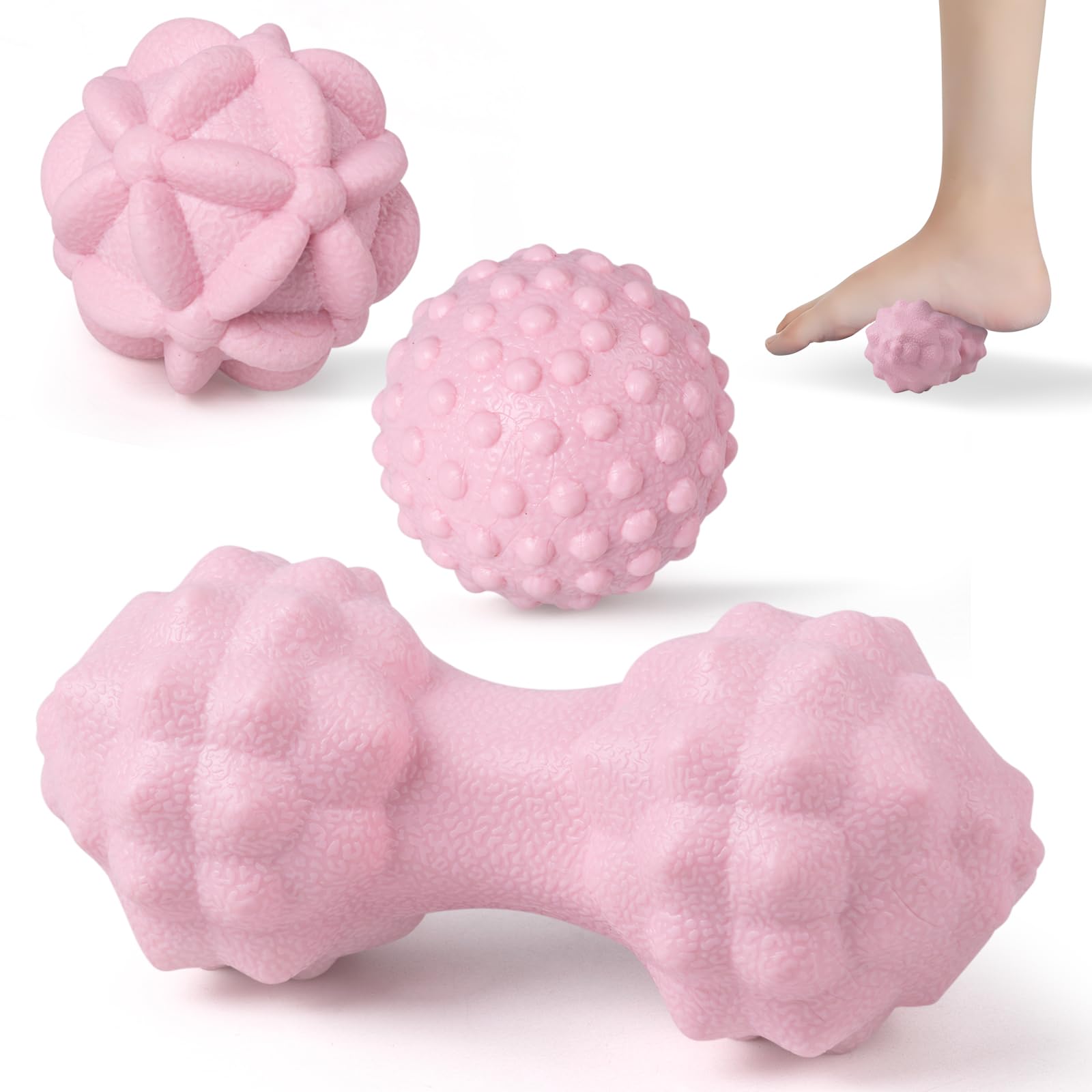 MEGAVOW Massage Ball Roller Set, Trigger Point Deep Tissue Myofascial Release Spiky Massage Balls, for Tight Sore Muscle Pain Stress Relief, for Neck Back Shoulder Arms Foot, Pink
