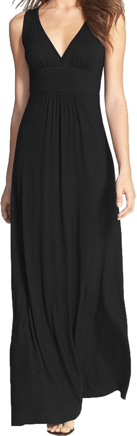 WOOSEA Women Sleeveless Deep V Neck Loose Plain Long Maxi Casual Dress at  Women’s Clothing store