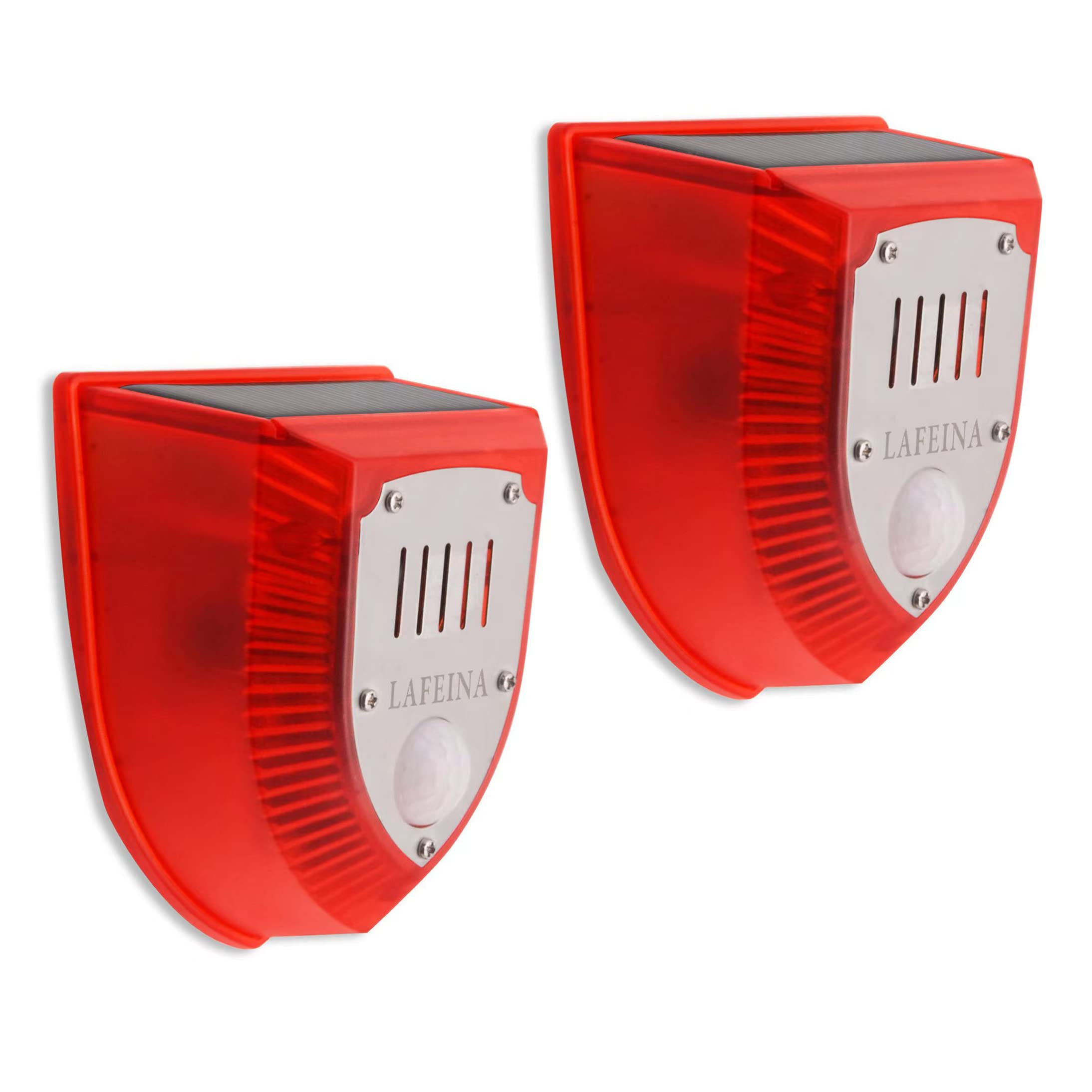 Photo 1 of LAFEINA 2 Pack Solar Security Alarm Lights, 129dB Gunshot Sounds & Dog Barking Sound & Light Strobe Light Warning Lamp for Outdoor Farm Barn, Villa Yard