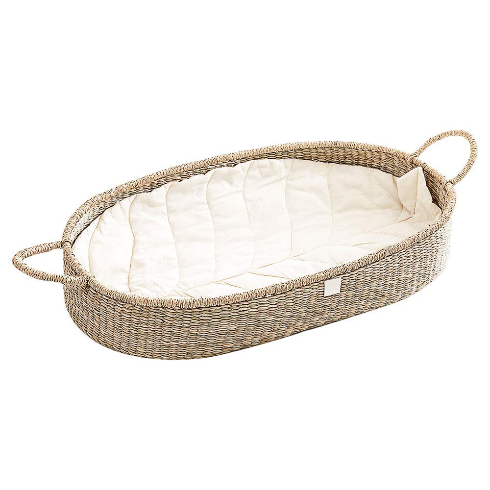 Baby Changing Basket with Luxury & Unique Leaf Linen Liner. Generous High Sides of 5.5 Inch Make a Secure Changing Table Topper. Foldable Handles On The Changing Basket. by BEBE BASK