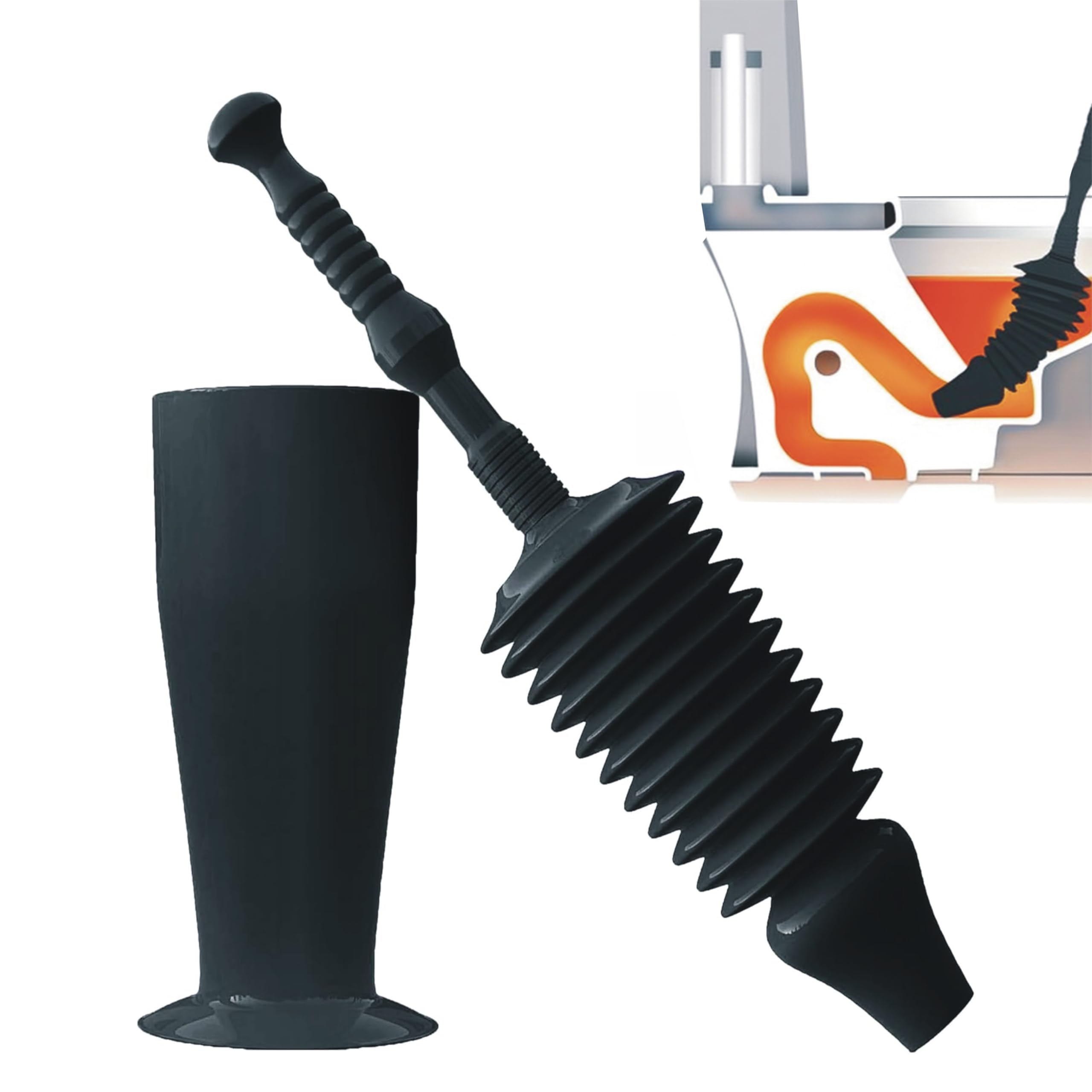Powerful plunger with holder clears toilet, sink, bath, and drain blockages. Heavy-duty suction and durable plastic handle ensure fast, effective clog removal in kitchens and bathrooms. (BLACK)