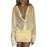 Geulis Women's Sheer Shirt Dresses Summer Long Sleeve Button up Blouse Mesh Sexy See Through Bodycon Mini Dress