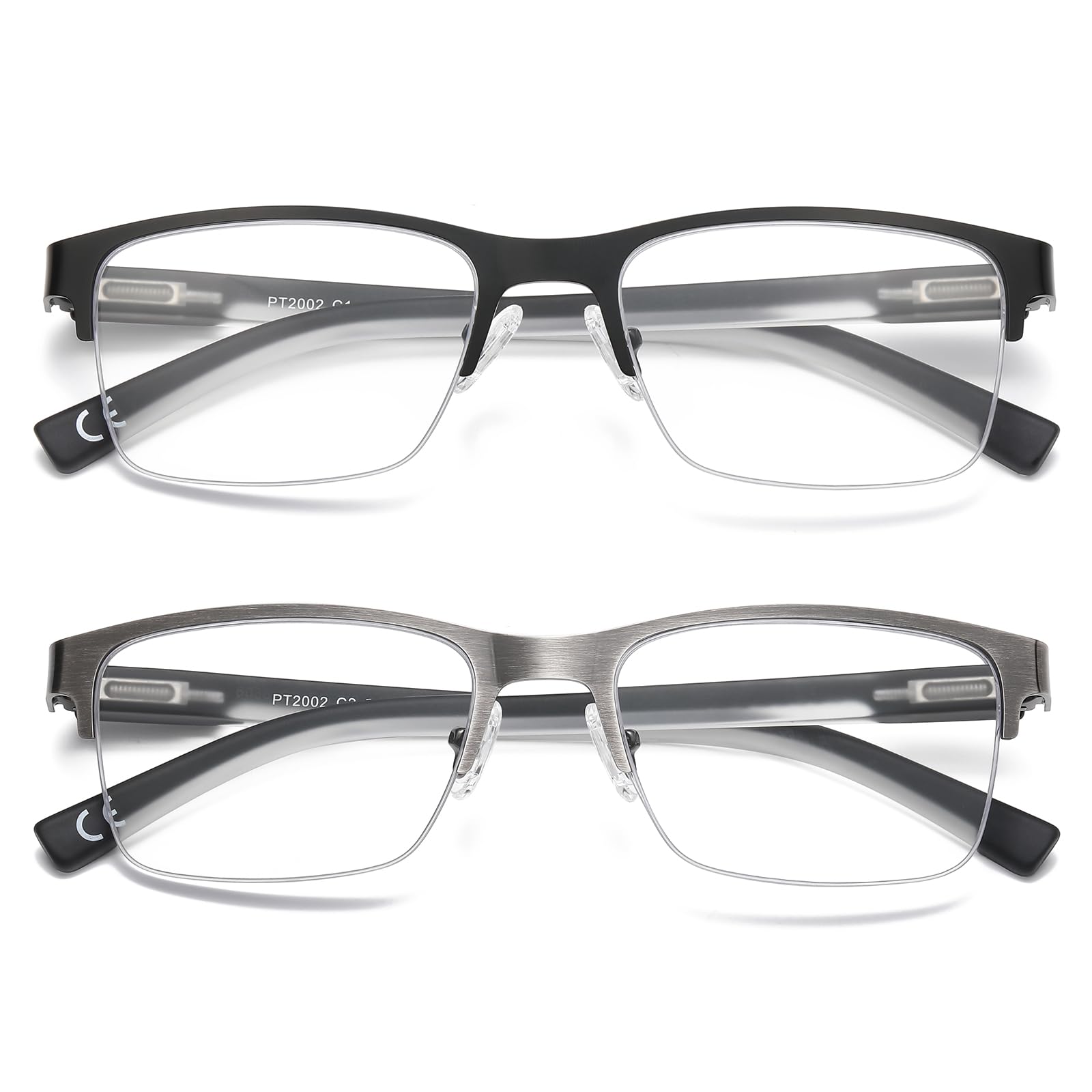 Condition photo showing New/Like New for pubowt photochromic reading glasses men blue light readers wide metal half frame style sun tinted ey