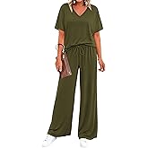 BTFBM 2 Piece Sets for Women Summer V Neck Short Sleeve Lounge Set Wide Leg Pants Matching Set Airport Travel Outfits