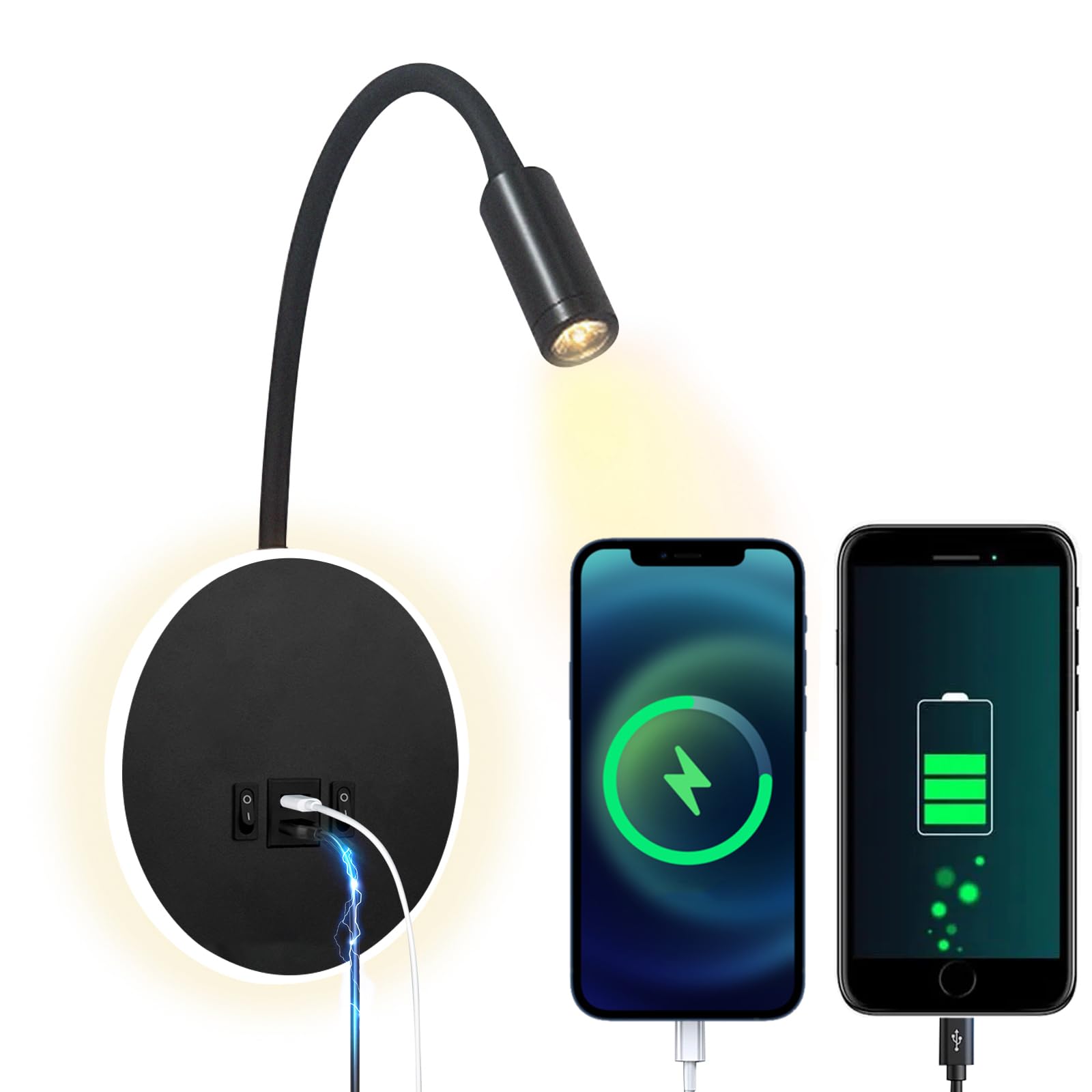 uksunvi LED Wall Lamp Bedside Table Reading Wall Lamp 12W LED Wall Reading Lamps Adjustable Spotlight 3W +9W 3000K Warm Light (USB Charging Black)