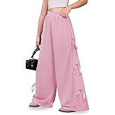 IIMMER Big Girls Fall Cute Bowknot Side Side Baggy Track Pants Color Block Wide Leg Trousers Light Pink 13-14 Years